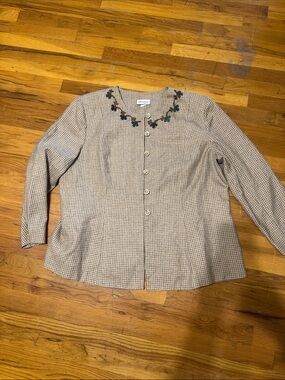 Embroidered Beige Plaid Button-Down Shirt Jacket